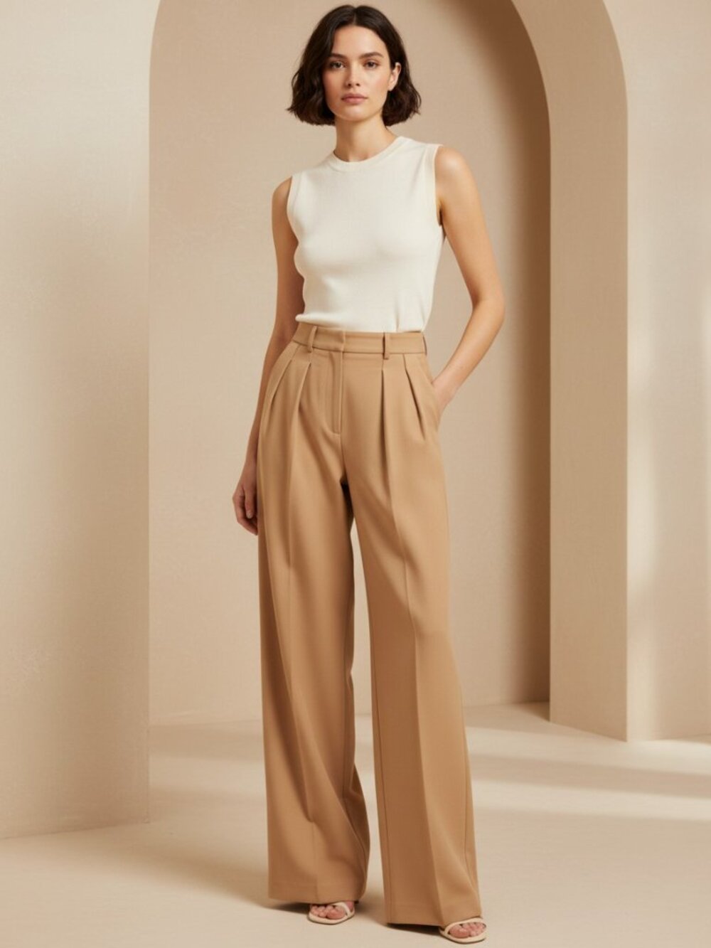 STAUD Luisa Pant Camel Size 0 NWT Wide Leg Pleated Trouser Tan Classic Workwear